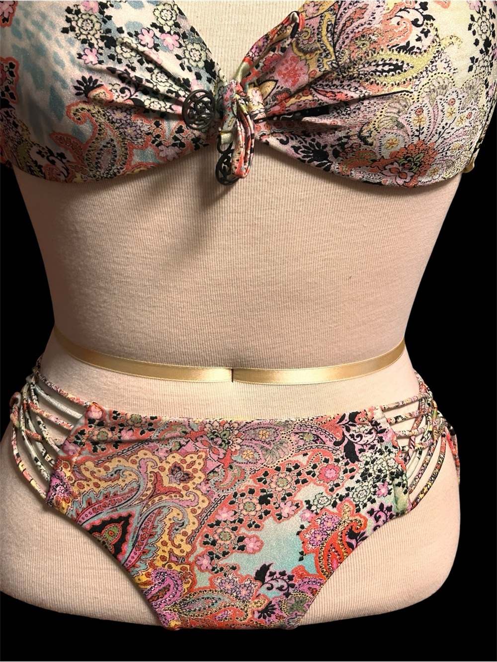 Luli Fama Floral Trim Bikini Top in Green, Coral & Black - Picture 2 of 11